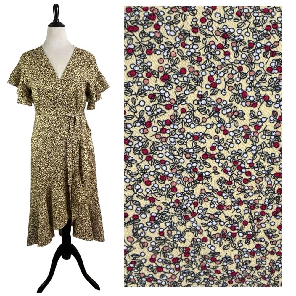 MAX STUDIO Wrap Midi Floral DRESS L Ditsy Ruffle Cottage Feminine Prairie